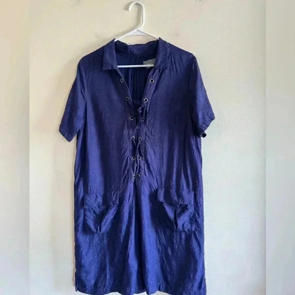 Anthropologie Navy Finley Floral Jacquard Lace-Up Linen Blend Shirt Dress 12 - Picture 5 of 16